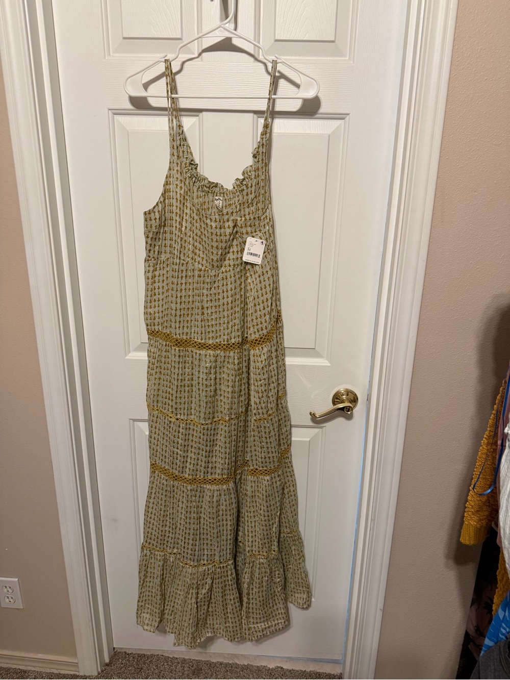 Free People Olive Green Tiered Maxi Dress with Gold Trim